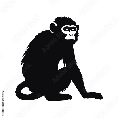 Black silhouette, tattoo of a monkey, chimpanzee on white isolated background. Vector.
