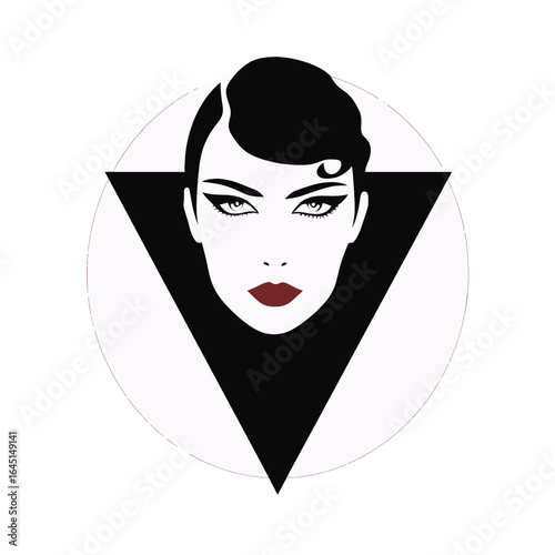 Black silhouette, tattoo of a woman's head in a triangle on white isolated background. Vector.