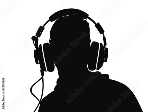 Black silhouette, tattoo of a man in headphones on white isolated background. Vector.