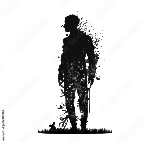 Black silhouette, tattoo of a man with branches and leaves on white isolated background. Vector.
