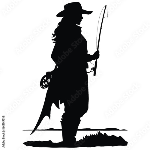 Black silhouette, tattoo of a fisherman with a fishing rod on white isolated background. Vector.