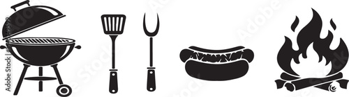 Illustration of a barbecue grill with tools food and burning fire