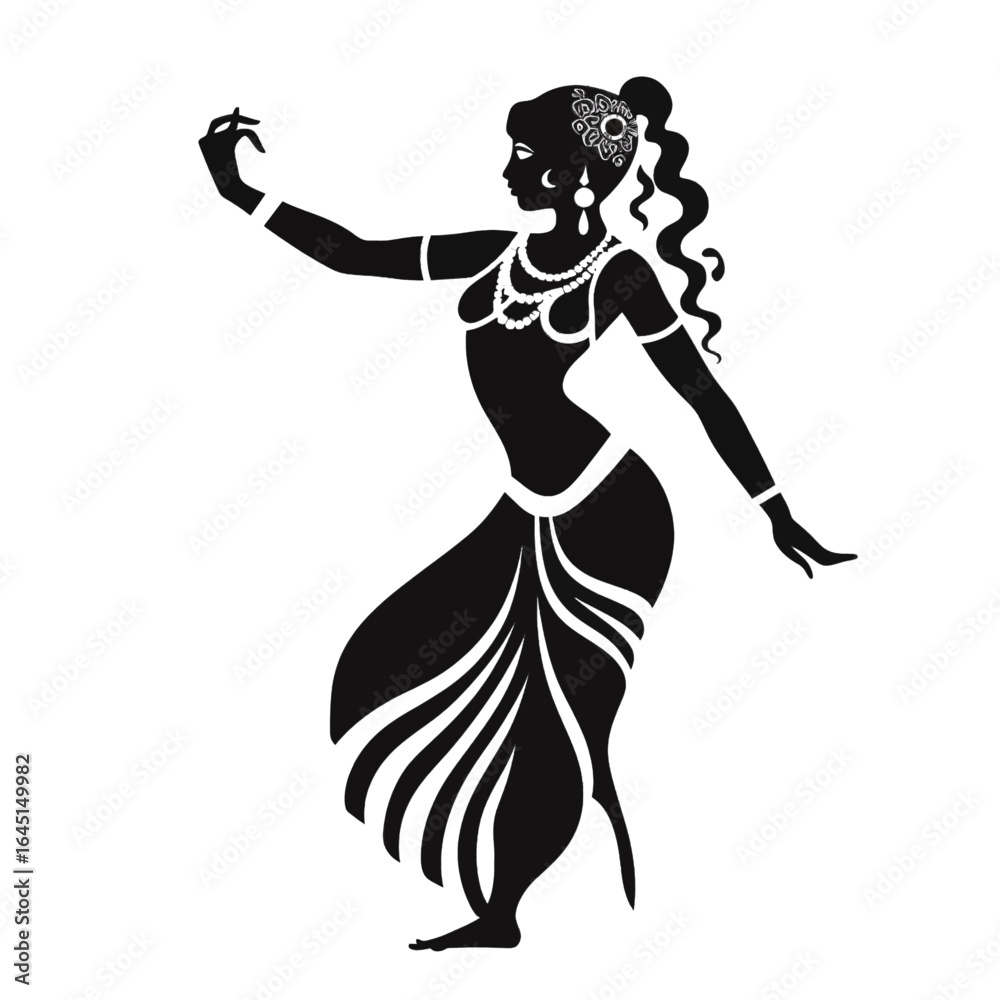 Fototapeta premium Black silhouette, tattoo of a woman, dancer on white isolated background. Vector.