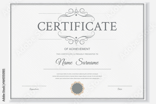 Elegant certificate template with ornate details. Gray and white and minimalist design, customizable vector for awards.

