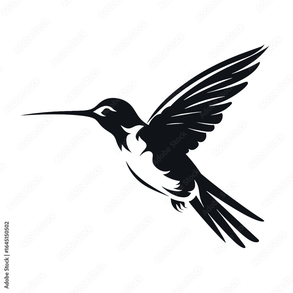 Obraz premium Black silhouette, tattoo of a humming-bird, bird, crow, on white isolated background. Vector.
