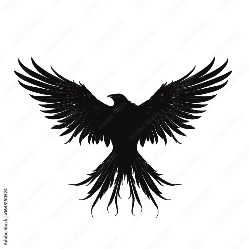 Fototapeta premium Black silhouette, tattoo of a eagle, bird, crow on white isolated background. Vector.