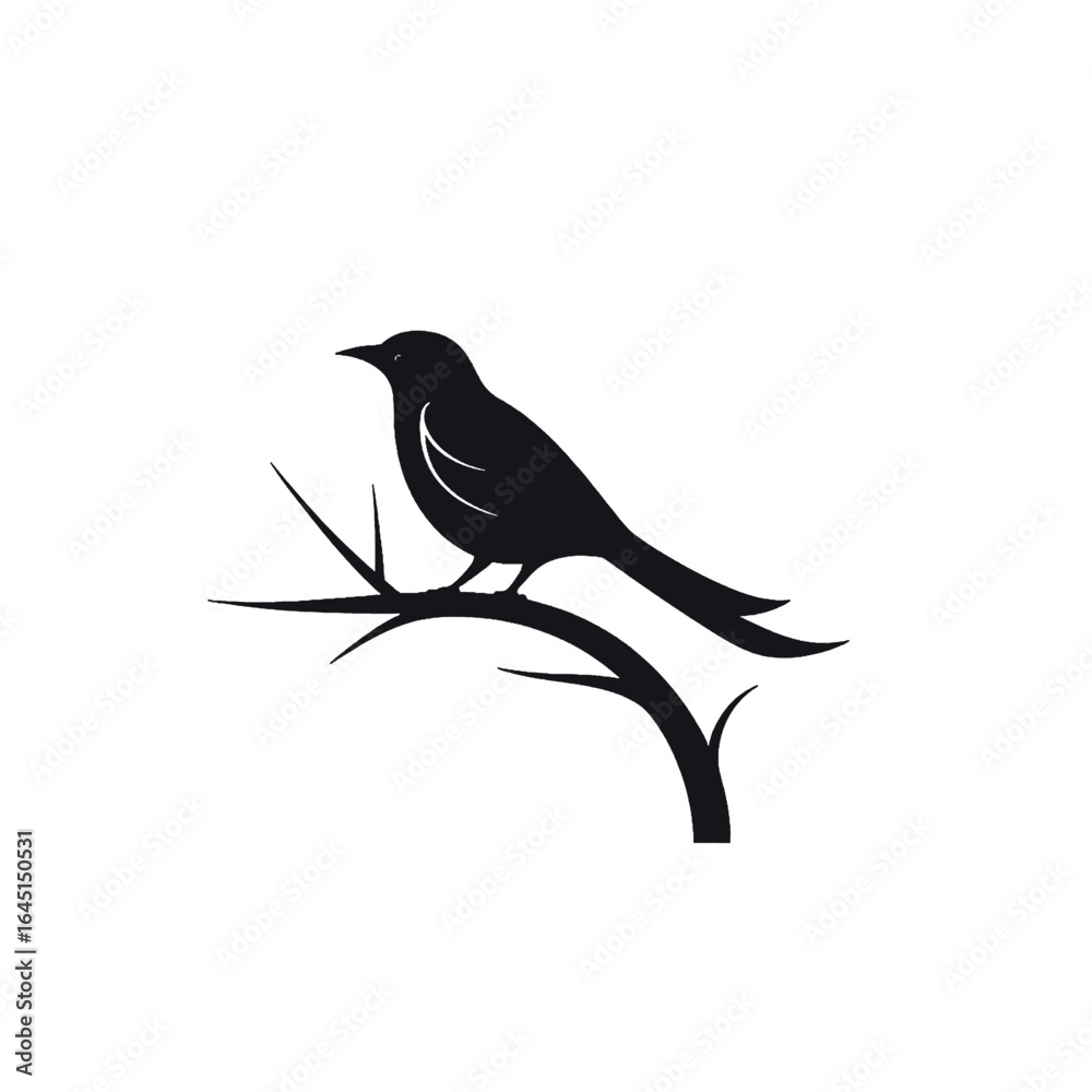 Obraz premium Black silhouette, tattoo of a bird on a branch on white isolated background. Vector.