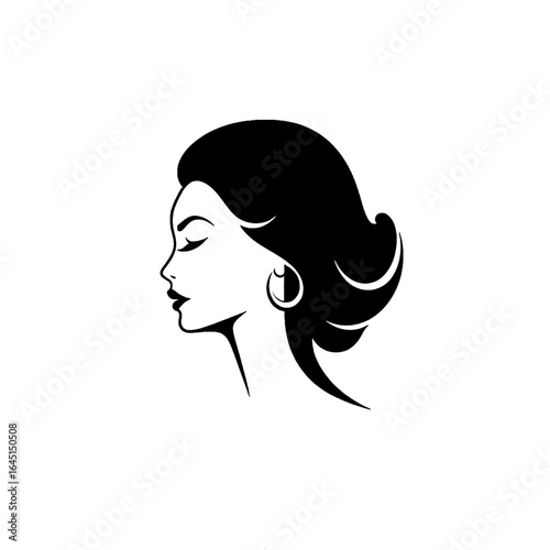 Black silhouette, tattoo of a woman's head with earring on white isolated background. Vector.