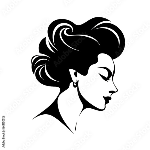 Black silhouette, tattoo of a woman's head with earring on white isolated background. Vector.