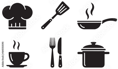 A collection of kitchen related icons including a chef hat, spatula, pan, cup, fork, and pot