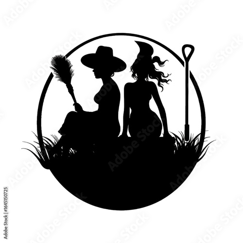 Black silhouette, tattoo of witches with broom on white isolated background. Vector.