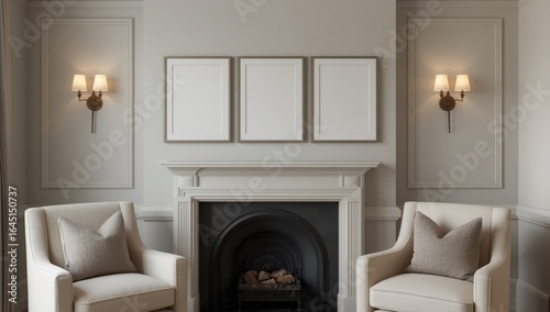 Elegant living room with fireplace twin armchairs and triptych mirror above a classic mantelpiece