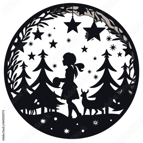 Black silhouette, tattoo of a girl, Christmas trees, deer, stars on white isolated background. Vector.