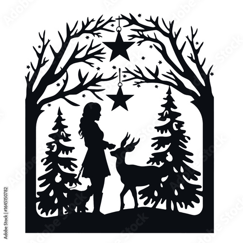 Black silhouette, tattoo of a girl, Christmas trees, deer, stars on white isolated background. Vector.