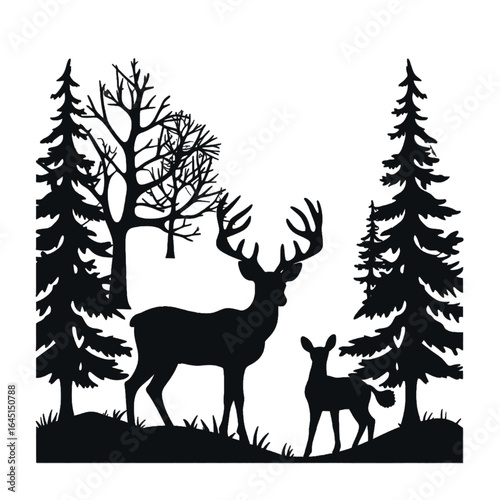 Black silhouette, tattoo of a deer, reindeer, pine trees, trees on white isolated background. Vector.
