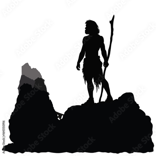 Black silhouette, tattoo of a prehistoric man with a stick on a stone. on white isolated background. Vector.