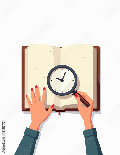 Hands pointing at Braille book with clock