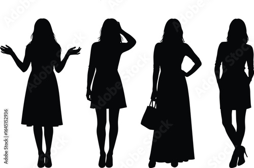 PrintFashion silhouettes, stylish women, elegant poses, black and white, modern design, creative concept, clothing variety, artistic style, vector illustration, Adobe Stock, beauty, inspiration