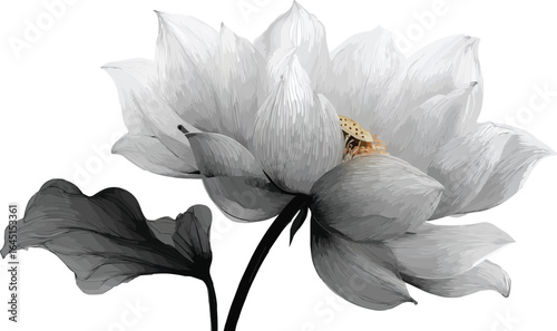 Elegant White Lotus Flower with Yellow Center Black and White Illustration