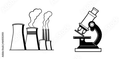 Vector art of industrial power plant with smoke and a laboratory microscope isolated on white background