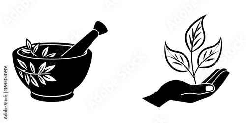 Vector art of mortar and pestle with herbal plant and hand holding sprout, isolated on white background