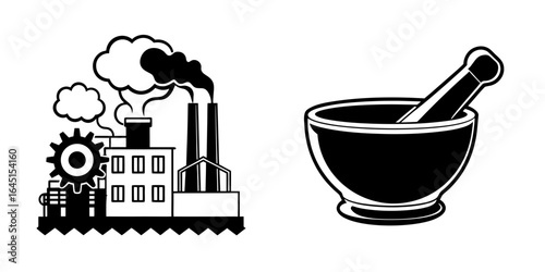 Vector art of industrial factory with smoke stacks and mortar and pestle isolated on white background
