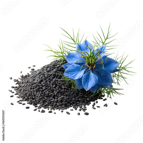 Black cumin seeds with nigella sativa flower isolated on transparent background.
