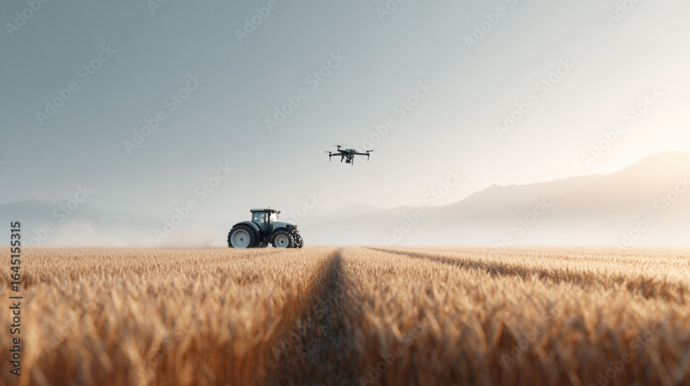 Fototapeta premium Golden wheat field featuring a tractor and a drone, symbolizing innovation and agricultural technology. Evokes themes of future, harvest and landscape.
