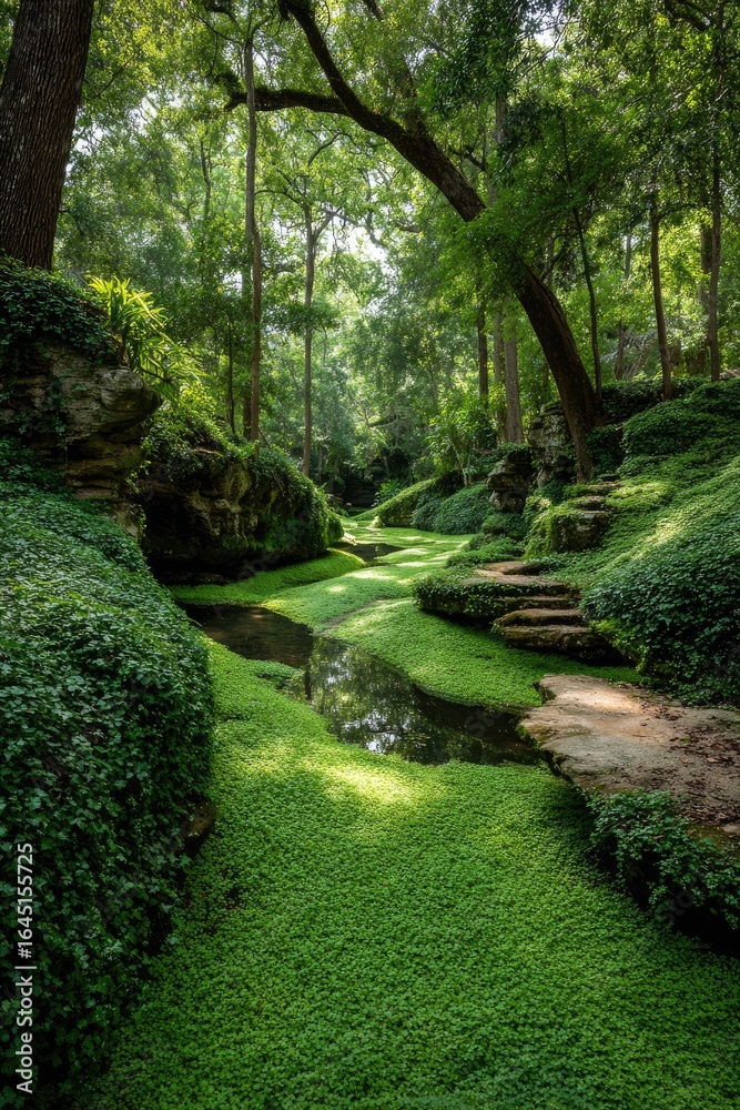 Fototapeta premium Lush, moss-covered pathway winding through a garden. Sunlight streams through trees
