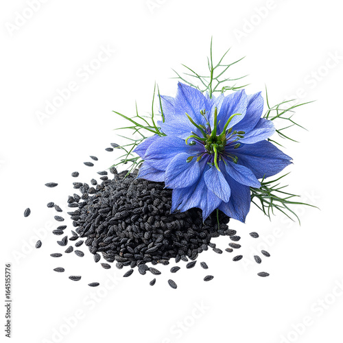 Black cumin seeds with nigella sativa flower isolated on transparent background.