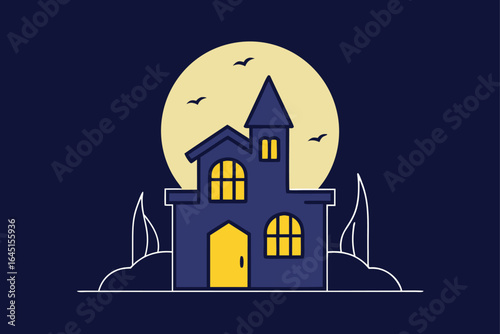haunted house outline  full moon  minimalist vecto