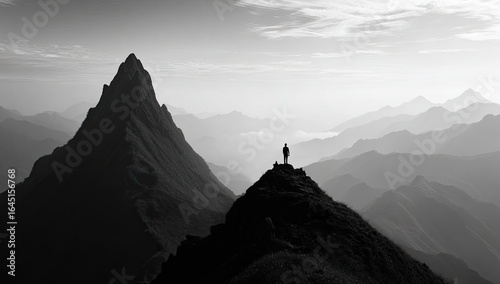 Silhouette of a person atop a mountain peak, with misty mountain ranges beyond