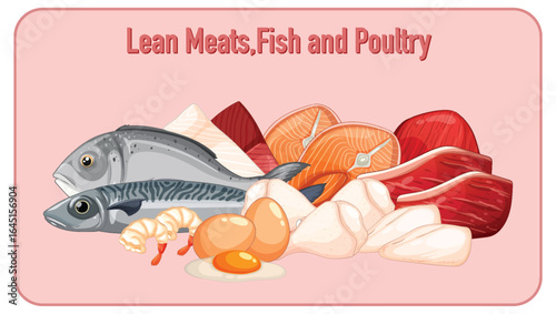 Assorted Lean Meats, Fish, Eggs, and Poultry Illustration