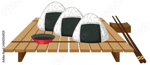 Three Onigiri Rice Balls on Wooden Sushi Board