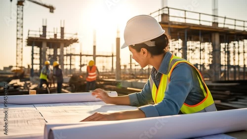 Wallpaper Mural Focused Female Engineer Reviewing Blueprints at Construction Site Torontodigital.ca