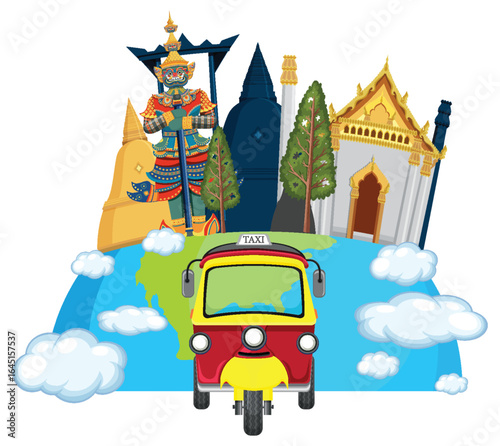 Colorful Thai Cultural Landmarks and Tuk-Tuk Illustration