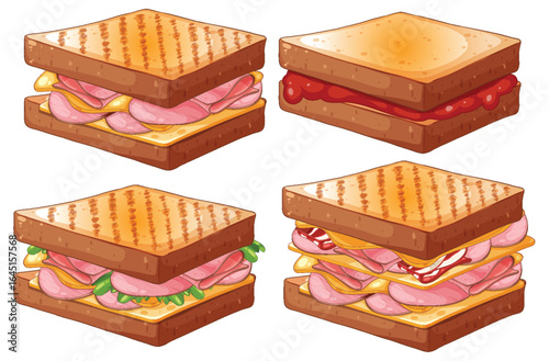Grilled Ham and Cheese Sandwiches in Cartoon Style