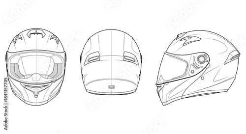 Motorcycle helmet technical drawing in front, side, and back views. Line art illustration of safety headwear.