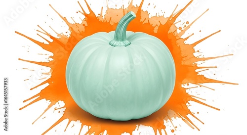A light blue pumpkin with a stem is centered against an orange paint splatter on a white background