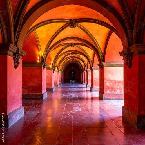 Red-walled hallway with arched ceilings and glossy floor