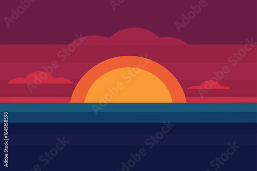 sunset over the ocean horizon  minimal flat vecto