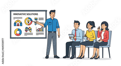 Corporate training session with a speaker presenting data analysis and innovative business strategies to an attentive audience.