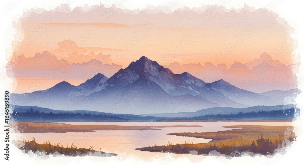 Fototapeta premium Mountain Range View at Sunrise Over Calm Lake Watercolor Painting