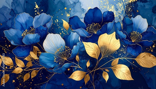 Elegant floral arrangement with blue petals and golden leaves artwork
