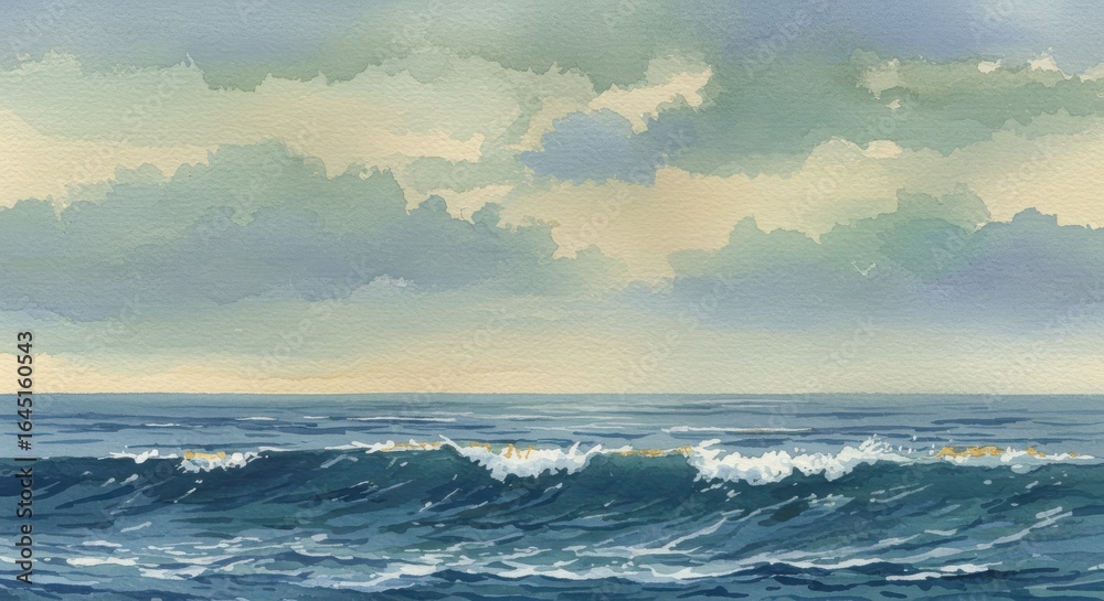 Fototapeta premium Ocean Wave Watercolor Painting with Cloudy Sky Seascape Art