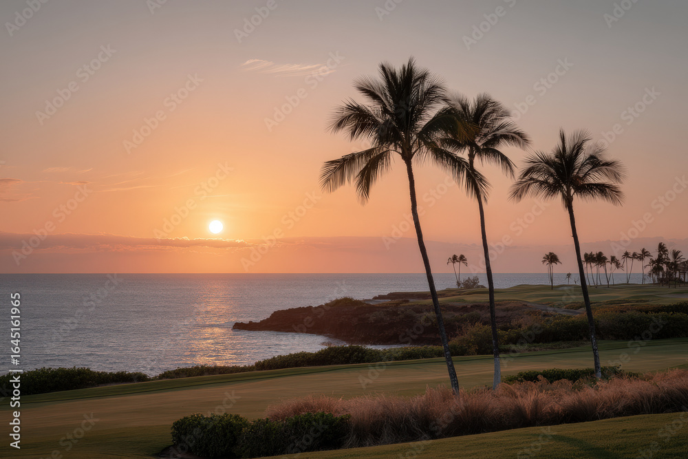 Obraz premium stunning hawaiian sunset landscape features towering palm trees silhouetted against vibrant sky adorned with hues