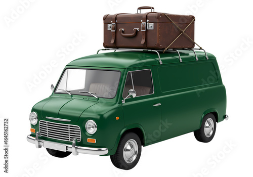 Vintage Green Delivery Van with Retro Luggage on transparent background