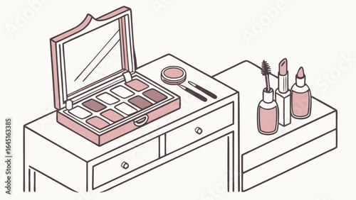 Illustration of a vanity table with an open eyeshadow palette and various makeup products displayed