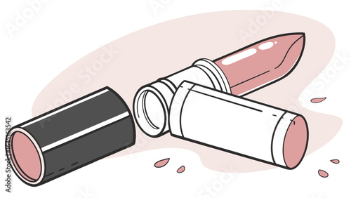 Illustration of a pink lipstick with its cap off lying on a surface with small petal shapes around it