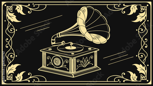 Vintage gramophone with floral border and record on a black background illustration art deco style